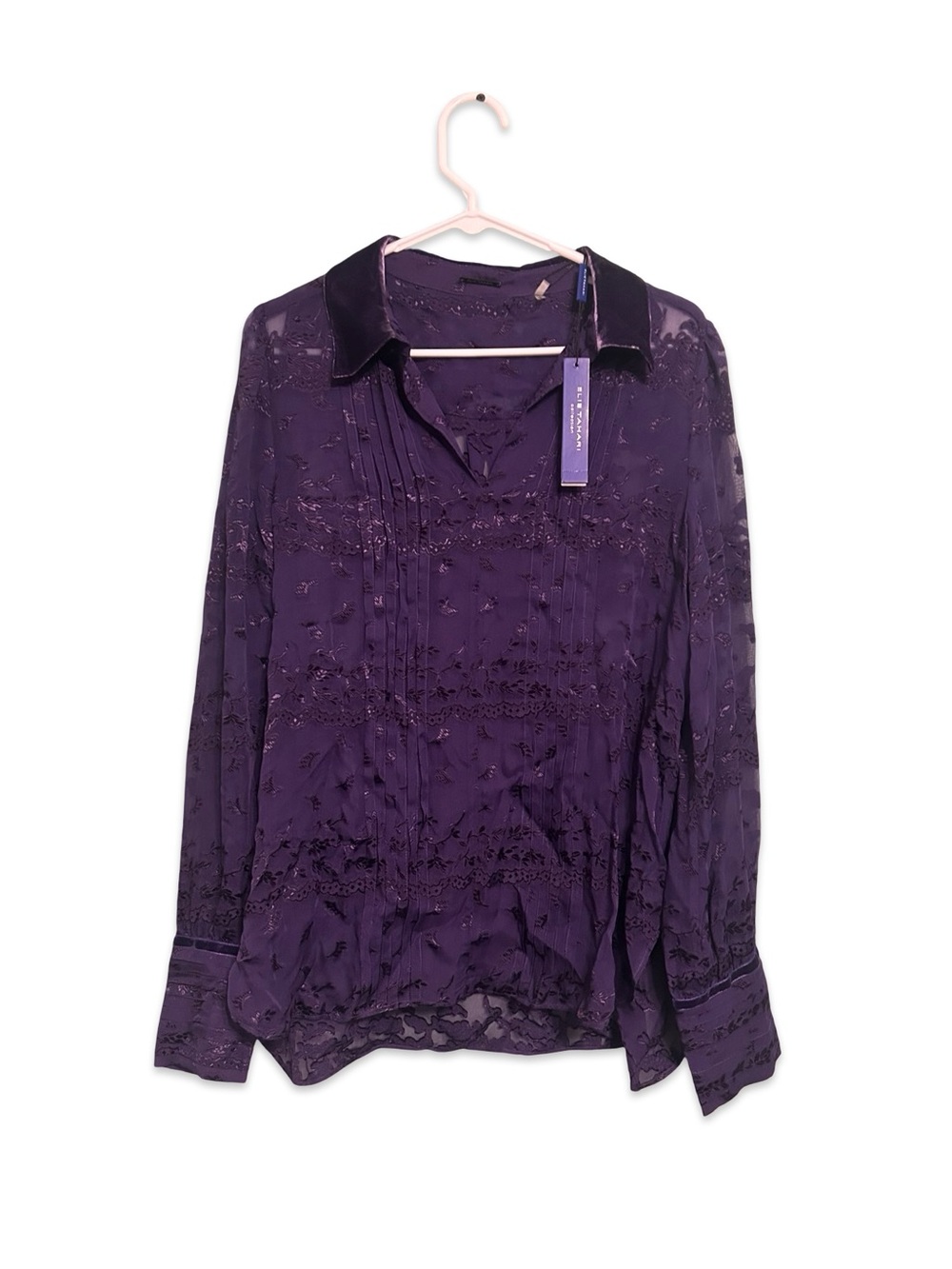 Elie Tahari Deep Purple Lace-Detail Long Sleeve Blouse